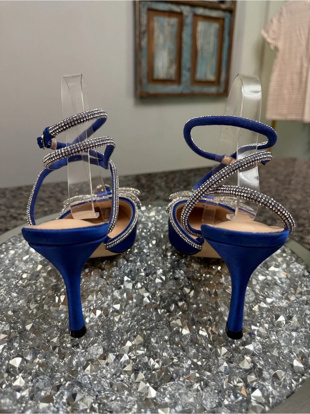 Crystal-Embellished Royal Blue Satin Slingback Heels EUC 11